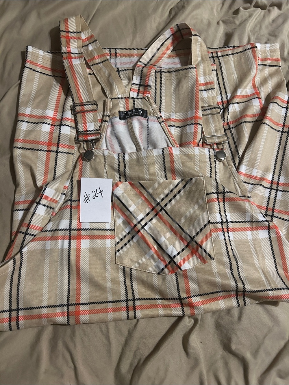 Plaid Mini Overall Dress in Beige with Orange Stripes